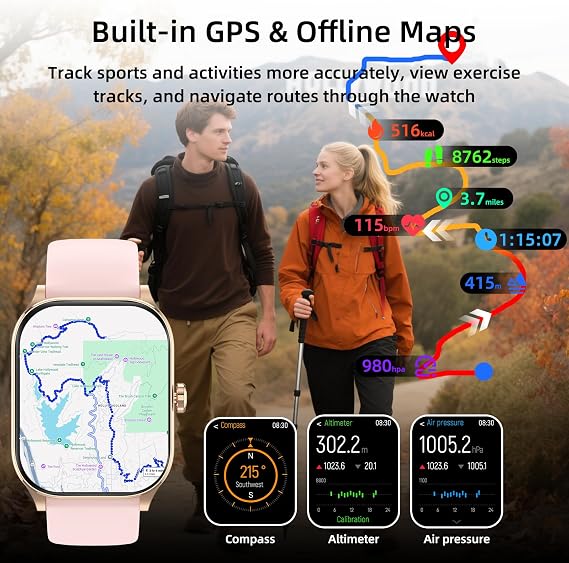Smart Watch, GPS & Free Maps, 1.96" HD Screen, AI, Bluetooth Call & Text 24/7 Health, Fitness & Sleep Tracker, 100+ Workout Modes, 5 ATM Water-Resistance, for Men & Women, Android & iOS, 2 Bands Visit the LICYAPO Store