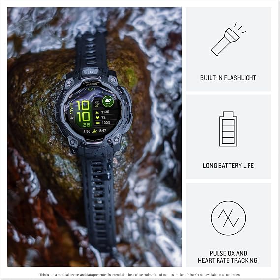 Garmin Instinct® 3 AMOLED, Rugged GPS Smartwatch, 45mm, Black Bright AMOLED Display, Rugged Design, Metal-Reinforced Bezel, 24/7 Health Monitoring, Built-In Flashlight