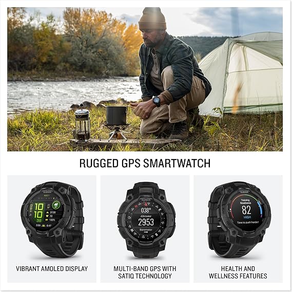 Garmin Instinct® 3 AMOLED, Rugged GPS Smartwatch, 45mm, Black Bright AMOLED Display, Rugged Design, Metal-Reinforced Bezel, 24/7 Health Monitoring, Built-In Flashlight